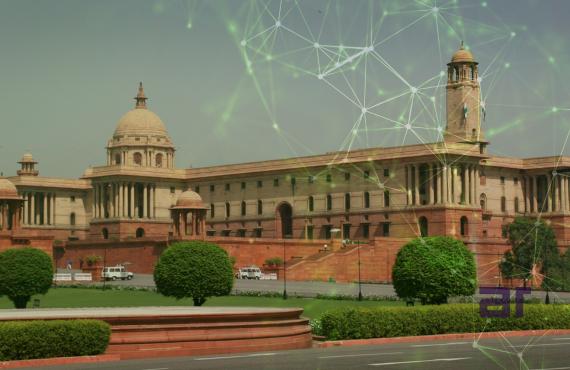 Indian government building with digital network overlay, illustrating NexCorp GovTech solutions for public sector digital transformation, finance, and governance, powered by Atul Raj.