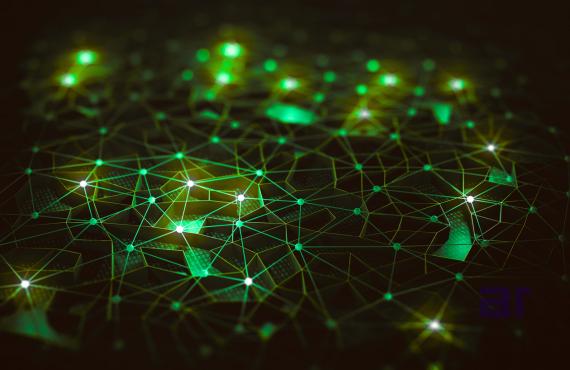 Abstract neural network visualization with green interconnected nodes, symbolizing NexCorp IntelOps artificial intelligence, machine learning, and big data analytics by Atul Raj.